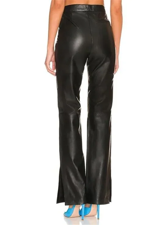 💋CHIC & STYLISH!💋100% Genuine Leather High Waist Slit Hem Flare Pants in Black - Picture 4 of 16